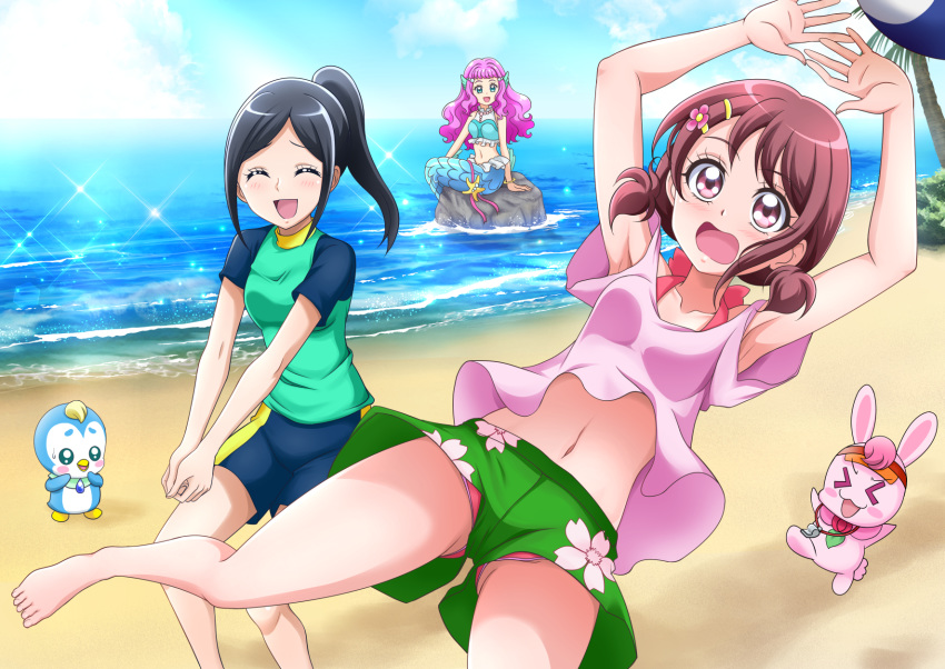 armpits beach beach_volleyball bikini bikini_under_clothes blue_eyes blue_shorts blue_sky blush closed_eyes cowboy_shot day green_shirt green_shorts hanadera_nodoka hanzou healin'_good_precure highres laura_(precure) mermaid monster_girl navel ocean outdoors palm_tree pegitan_(precure) pink_bikini pink_hair pink_shorts ponytail precure rabirin_(precure) rock sawaizumi_chiyu shirt short_sleeves shorts sitting sky smile swimsuit tied_hair tree tropical-rouge!_precure upshorts volleyball