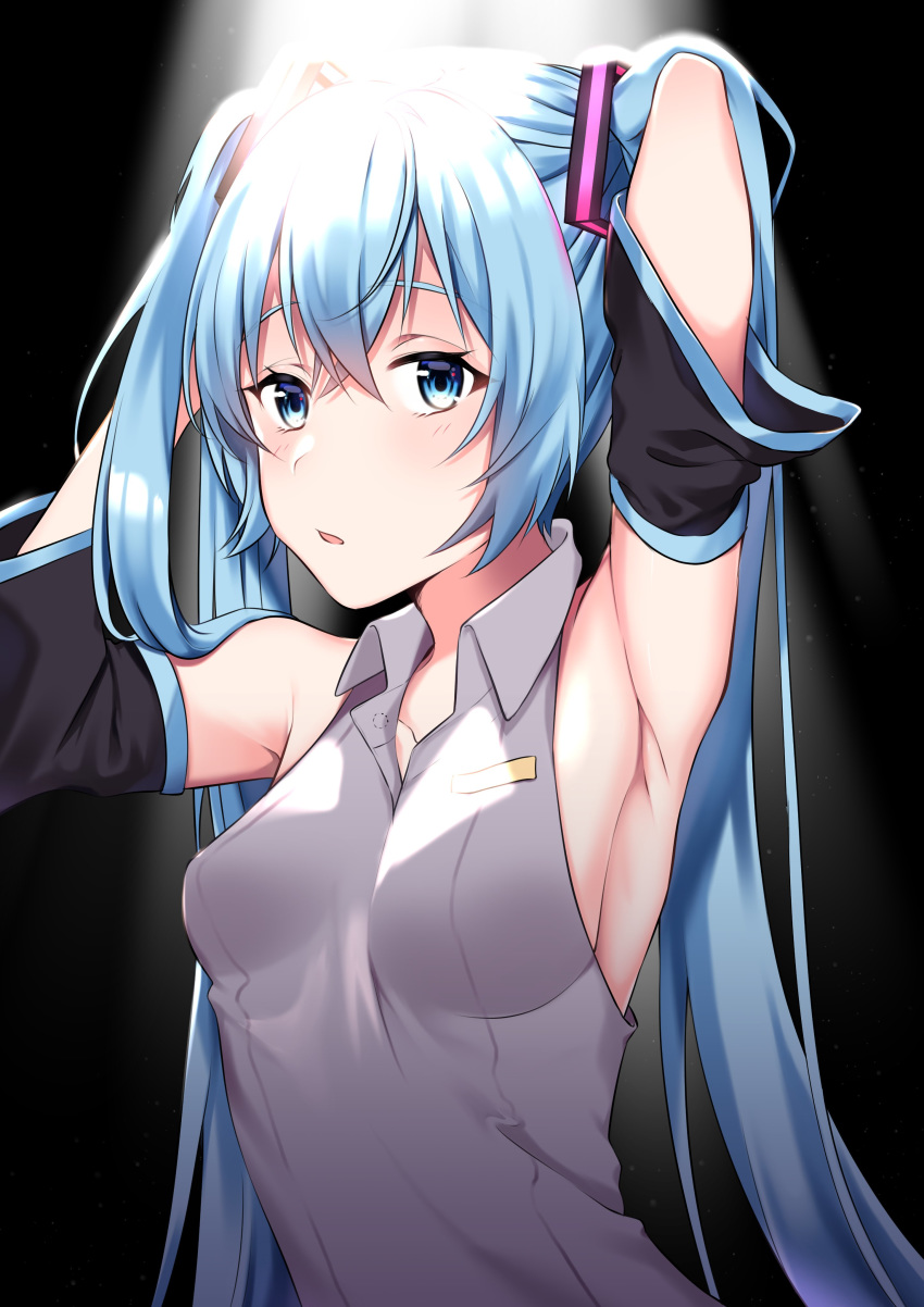 1girl absurdres adjusting_hair armpits arms_up bare_shoulders black_background black_sleeves blue_eyes blue_hair breasts commentary detached_sleeves grey_shirt hair_ornament half-closed_eyes hatsune_miku highres long_hair looking_at_viewer mukuro_usss parted_lips shirt sideboob sleeveless sleeveless_shirt small_breasts smile solo spotlight twintails very_long_hair vocaloid