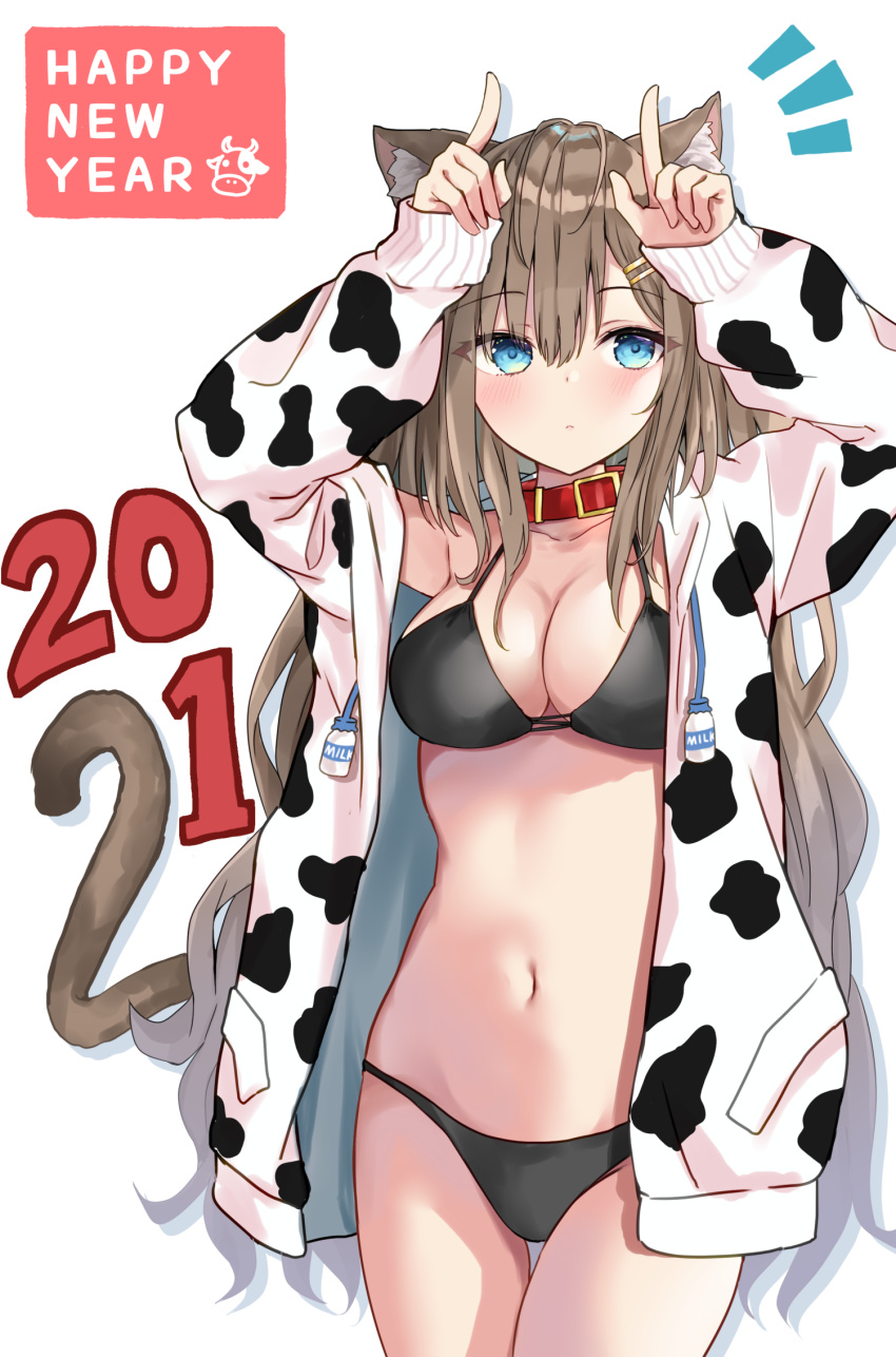 1girl 2021 akino_ell animal_ears animal_print armpits arms_up bare_shoulders bikini black_bikini blue_eyes breasts brown_hair cat_ears cat_tail chinese_zodiac choker cleavage closed_mouth collarbone cow_print cowboy_shot hair_ornament hairclip halterneck happy_new_year highres index_fingers_together jacket large_breasts long_hair long_sleeves looking_at_viewer multi-strapped_bikini navel new_year notice_lines off_shoulder open_clothes open_jacket original red_choker solo stomach string_bikini swimsuit tail thigh_gap thighs very_long_hair white_jacket year_of_the_ox zodiac