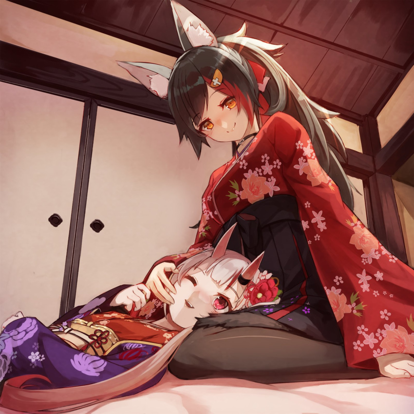 2girls animal_ear_fluff animal_ears bangs black_choker black_hair black_legwear choker commentary eyebrows_visible_through_hair floral_print flower hair_between_eyes hair_flower hair_ornament hairclip hand_on_another's_cheek hand_on_another's_face highres hololive horns japanese_clothes kimono lap_pillow long_hair long_sleeves looking_at_another lying multicolored_hair multiple_girls nakiri_ayame obi on_back one_eye_closed oni_horns ookami_mio open_mouth pantyhose red_eyes red_hair red_kimono sash sidelocks silver_hair sitting smile sue_(bg-bros) swept_bangs tail two-tone_hair virtual_youtuber wariza white_sleeves wolf_ears wolf_girl wolf_tail yellow_eyes