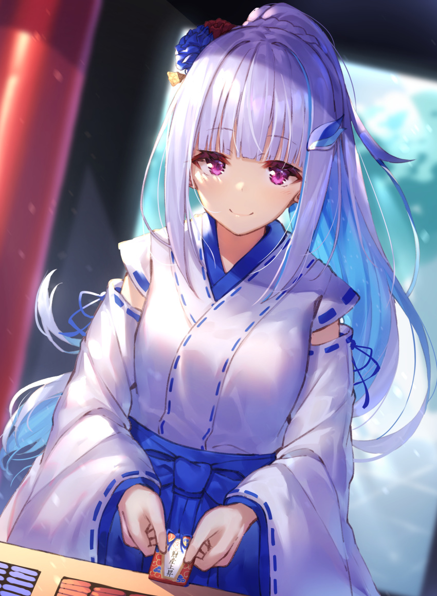 1girl alternate_hairstyle bangs blue_flower blue_hair blue_hakama blurry blurry_background blush closed_mouth colored_inner_hair commentary_request day depth_of_field eyebrows_visible_through_hair flower hair_flower hair_ornament hakama highres holding japanese_clothes kimono lize_helesta long_hair long_sleeves looking_at_viewer miko multicolored_hair nijisanji outdoors ponytail purple_eyes red_flower ribbon-trimmed_sleeves ribbon_trim silver_hair sleeves_past_wrists smile two-tone_hair very_long_hair virtual_youtuber white_kimono wide_sleeves yuuki_nao_(pixiv10696483)