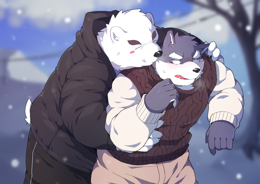 2021 absurd_res anthro black_nose blush bottomwear canid canine canis clothing domestic_dog duo eyes_closed fur hi_res hug hugging_from_behind humanoid_hands kemono male male/male mammal outside overweight overweight_male pants park_kr polar_bear snow snowing sweater topwear ursid ursine white_body white_fur