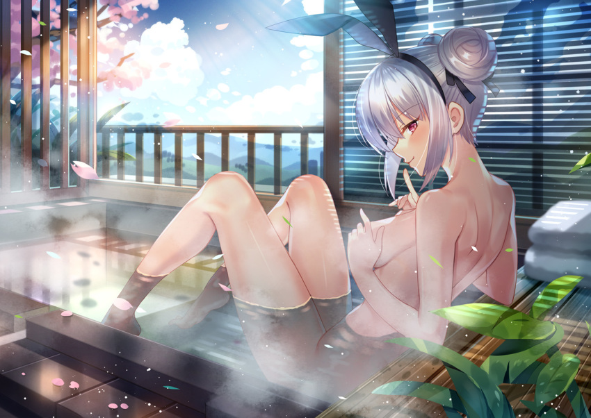 animal_ears bunny_ears capura_lin eyebrows_visible_through_hair hair_bun handbra looking_at_viewer nude onsen original red_eyes silver_hair sitting