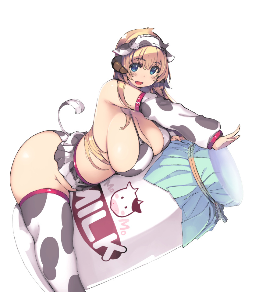 1girl absurdres animal_ears animal_print blonde_hair blue_eyes bottle breasts cleavage cow cow_ears cow_horns cow_print cow_tail detached_sleeves highres horns huge_breasts long_hair milk_bottle ragnarok_online sideboob solo swimsuit tail thighhighs very_long_hair xration