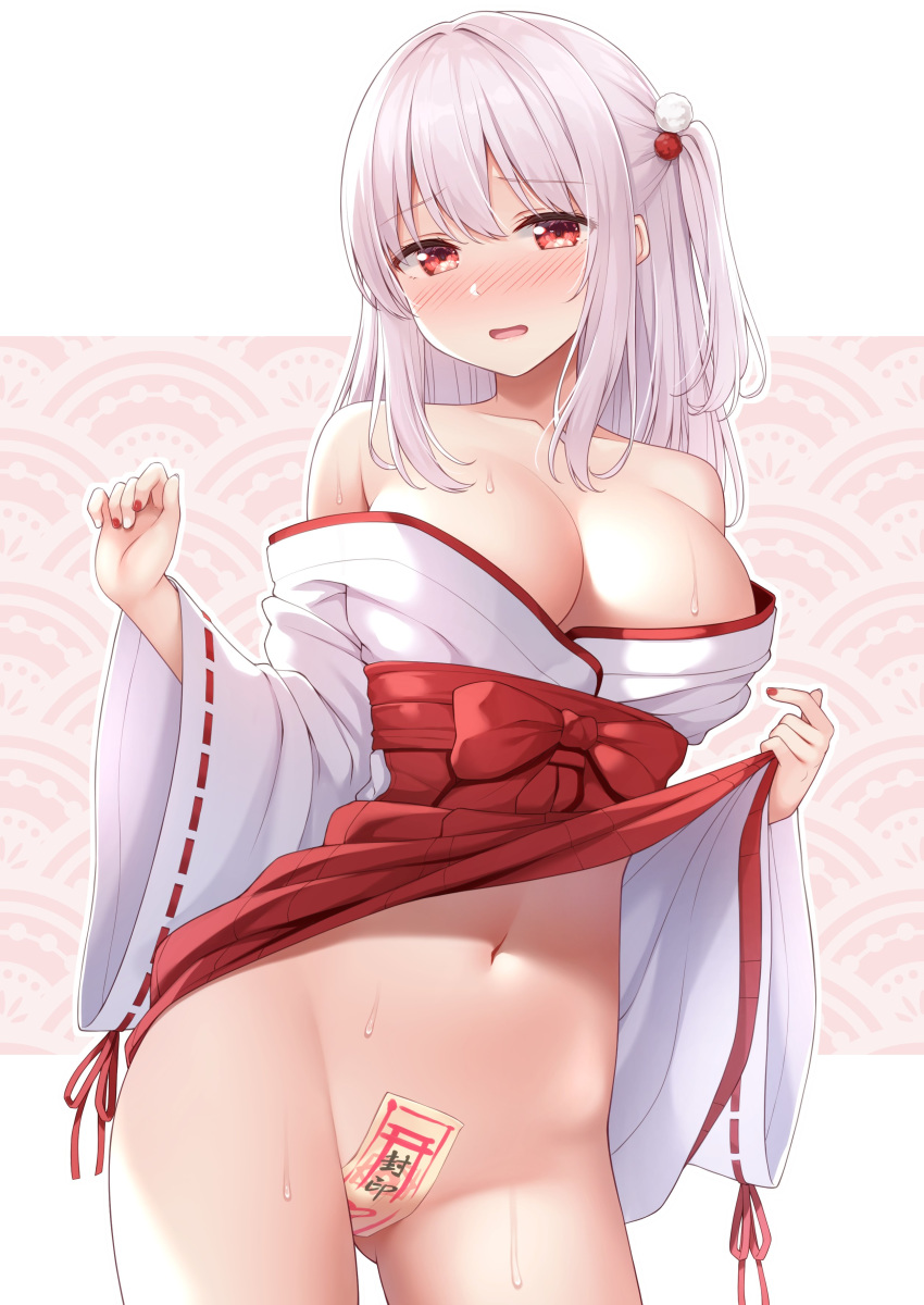 1girl absurdres blush breasts cleavage cowboy_shot groin hair_ornament hakama highres japanese_clothes karutamo large_breasts long_hair long_sleeves looking_at_viewer miko navel no_bra nose_blush off_shoulder ofuda one_side_up open_mouth original red_eyes red_hakama solo standing stomach sweat thighs tisshu_(karutamo) white_hair wide_sleeves