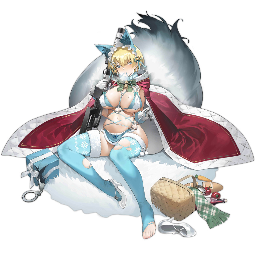 1girl animal_ears apple basket bell blonde_hair blue_eyes blue_legwear bread breasts breath carrot cloak cross cross_earrings damaged earrings fake_animal_ears food fruit full_body fur_trim girls_frontline gloves gun hair_bell hair_ornament hairband high_heels highres hood hooded_cloak hoodie jewelry jingle_bell large_breasts lifted_by_self lolita_hairband microskirt mole mole_on_breast mole_under_eye mouth_hold navel official_alternate_costume official_art revealing_clothes shoe_removed short_hair siqi_(miharuu) sitting skirt snowflake_hair_ornament solo strap_lift tail thighhighs torn_clothes torn_legwear transparent_background untying vsk-94_(girls_frontline) weapon white_gloves