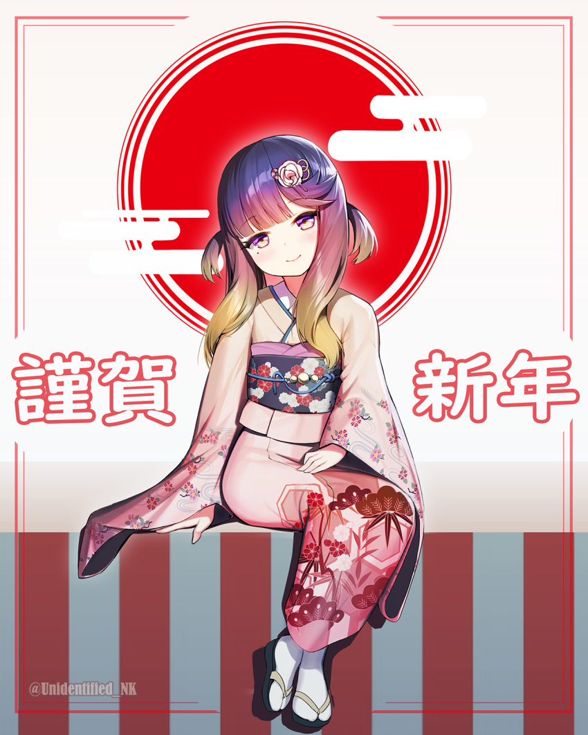 1girl bangs blush closed_mouth commentary_request eyebrows_visible_through_hair floral_print flower full_body gradient_hair hair_flower hair_ornament highres japanese_clothes kantai_collection kimono long_sleeves looking_at_viewer mole mole_under_eye multicolored_hair obi purple_eyes purple_hair sandals sash sidelocks sitting smile socks solo tabi tsushima_(kantai_collection) twitter_username unidentified_nk white_legwear