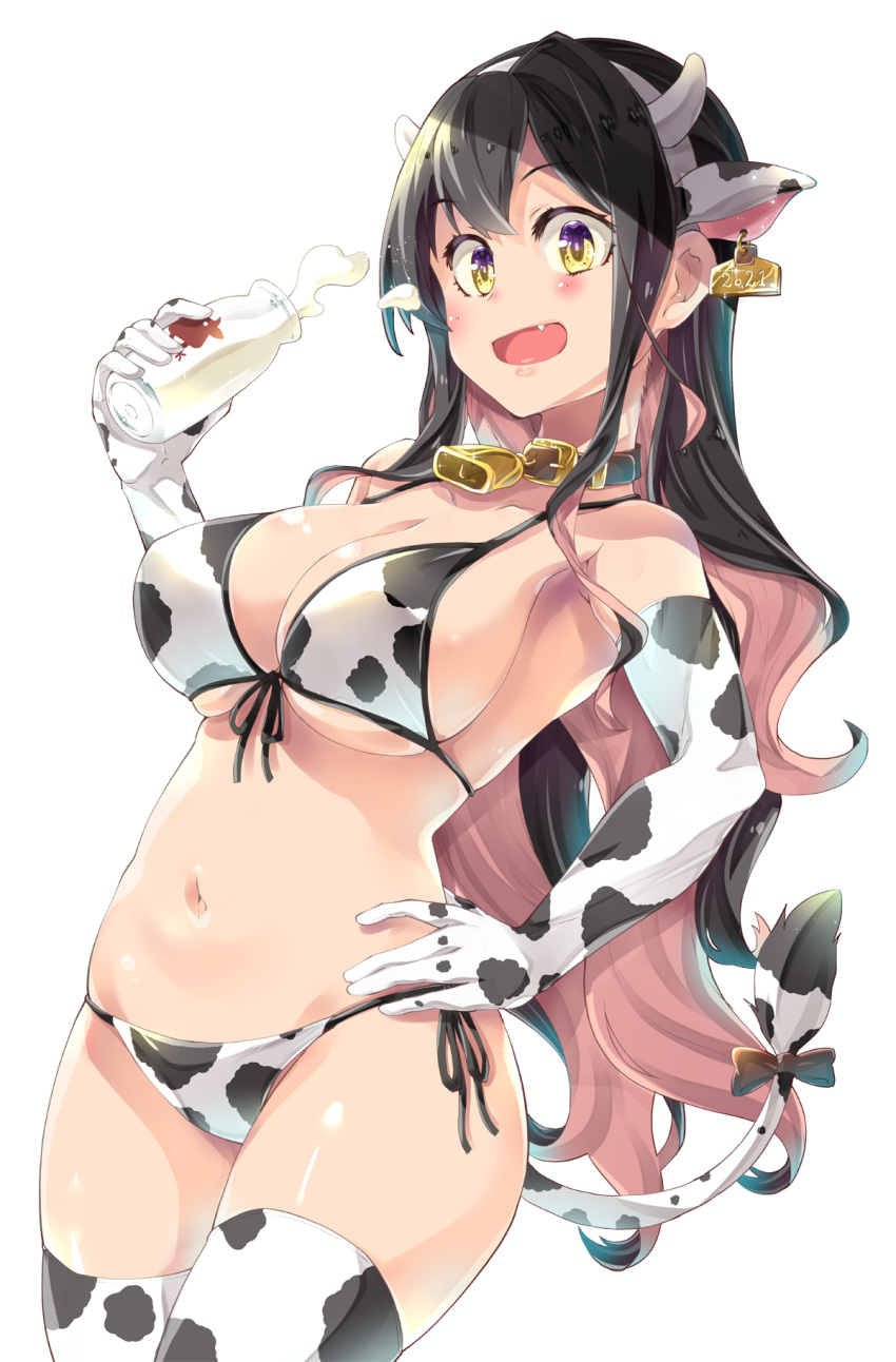 1girl alternate_costume animal_ears animal_print bangs bare_shoulders bell bikini black_hair blush breasts cleavage collar collarbone commentary_request cow_ears cow_print cowboy_shot ear_tag elbow_gloves fang gloves highres horns imu_sanjo kantai_collection large_breasts long_hair looking_at_viewer multicolored_hair naganami_(kantai_collection) navel open_mouth pink_hair solo standing swimsuit tail thighhighs two-tone_hair very_long_hair white_background yellow_eyes