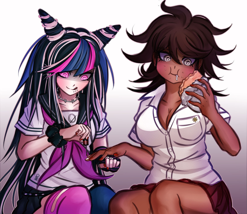 2girls :q :t bangs black_hair blue_hair breast_pocket breasts brown_eyes brown_hair brown_skirt cleavage collarbone commentary crazy_eyes danganronpa_(series) danganronpa_2:_goodbye_despair dress_shirt ear_piercing eating eyebrows_visible_through_hair food food_on_face full_mouth gradient gradient_background grey_background hand_up jewelry ktokei_(kurokku-tokei) lip_piercing long_hair medium_hair miniskirt mioda_ibuki mismatched_legwear multicolored_hair multiple_girls nail_polish neckerchief official_style owari_akane painting_nails piercing pink_eyes pink_hair pocket red_nails red_skirt sailor_collar saliva school_uniform scrunchie serafuku shirt short_sleeves skirt smile thighhighs tongue tongue_out torn_clothes torn_legwear white_background white_hair white_shirt wrist_scrunchie