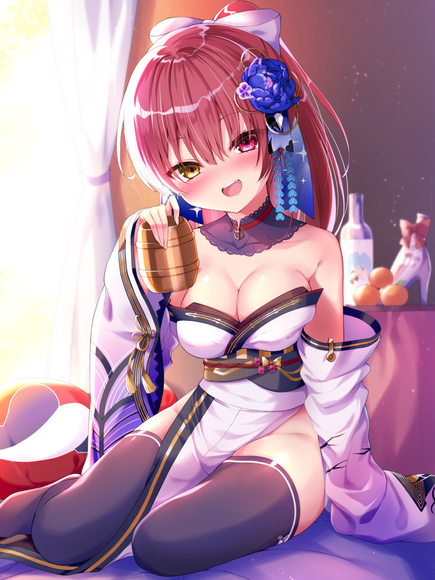 1girl :d absurdres bare_shoulders black_legwear blush bottle breasts cleavage detached_collar detached_sleeves drunk fang flower fukemachi groin hair_flower hair_ornament hand_up head_tilt heterochromia high_heels highres holding hololive houshou_marine japanese_clothes kanzashi kimono large_breasts long_hair long_sleeves looking_at_viewer no_panties no_shoes nose_blush obi open_mouth pelvic_curtain ponytail red_eyes red_hair sash sitting smile solo strapless thighhighs thighs white_kimono wide_sleeves yellow_eyes yokozuwari