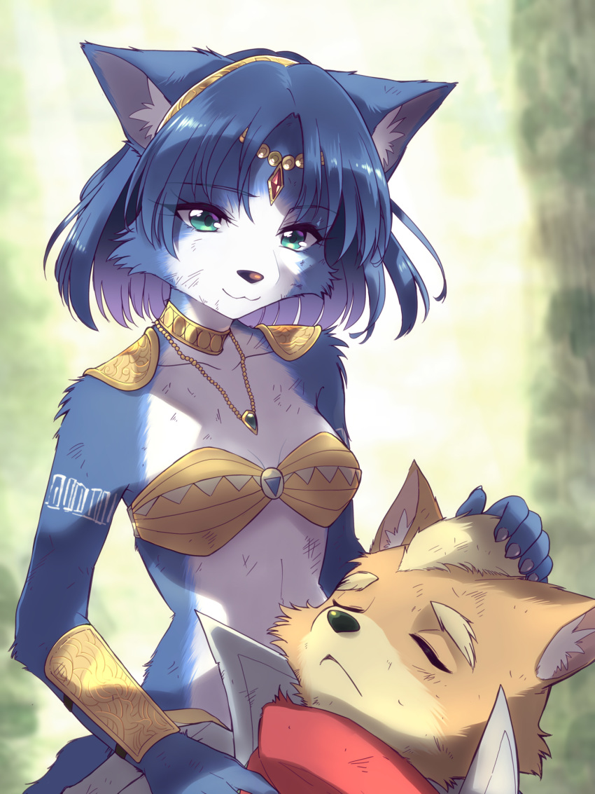 1boy 1girl :3 animal_ear_fluff animal_ears animal_nose aqua_eyes arm_tattoo armor bandana bandeau bangs bare_shoulders blonde_hair blue_fur blue_hair blurry blurry_background body_fur breasts brown_fur choker circlet closed_eyes closed_mouth collarbone commentary_request crystal day emerald_(gemstone) eyebrows_visible_through_hair fox_boy fox_ears fox_girl fox_mccloud fox_tail furry gem green_background hairband hand_on_another's_head happy high_collar highres jacket jewelry krystal lap_pillow looking_at_another looking_down namagaki_yukina necklace open_clothes open_jacket outdoors parted_lips revision ruby_(gemstone) scratches shiny shiny_hair short_hair shoulder_armor small_breasts smile snout solo_focus star_fox tail tattoo tribal two-tone_fur upper_body vambraces white_fur white_jacket yellow_choker yellow_fur yellow_hairband