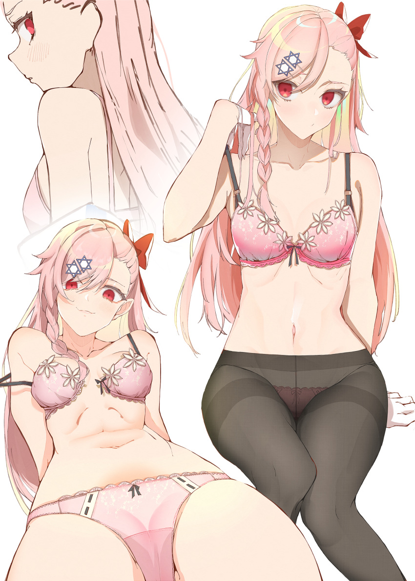 1girl abs absurdres bangs belly black_legwear blush bow bow_panties bra braid breasts commentary e_sky_rugo english_commentary girls_frontline gloves hair_ornament hairclip hand_in_hair hexagram highres long_hair looking_at_viewer medium_breasts multiple_views navel negev_(girls_frontline) one_side_up panties panties_under_pantyhose pantyhose pink_bra pink_hair red_bow side_braid simple_background star_of_david strap_slip thighband_pantyhose thighs underwear white_background white_gloves
