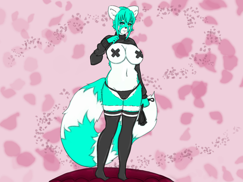 ailurid anthro big_breasts breasts camel_toe clothed clothing female hi_res legwear mammal mime_(mimechan) mimechan nipple_tape partially_clothed pasties petplay raised_clothing red_panda redpanda roleplay slightly_chubby smile solo tape thick_thighs thigh_highs thong underwear whip