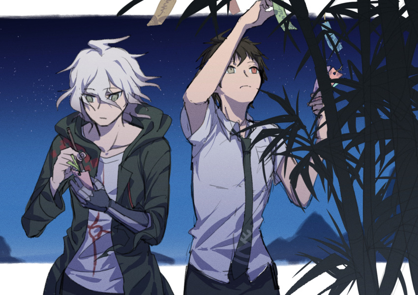 2boys ahoge arm_up brown_eyes brown_hair collarbone commentary_request cowboy_shot danganronpa_(series) danganronpa_2:_goodbye_despair frown green_neckwear grey_hair hanging_from_tree heterochromia hinata_hajime holding holding_pen hood hood_down hooded_coat hoodie jacket komaeda_nagito letterboxed long_sleeves male_focus mechanical_arm multiple_boys necktie night pen print_shirt red_eyes shirt short_hair tanabata tree white_hair white_shirt writing ziling