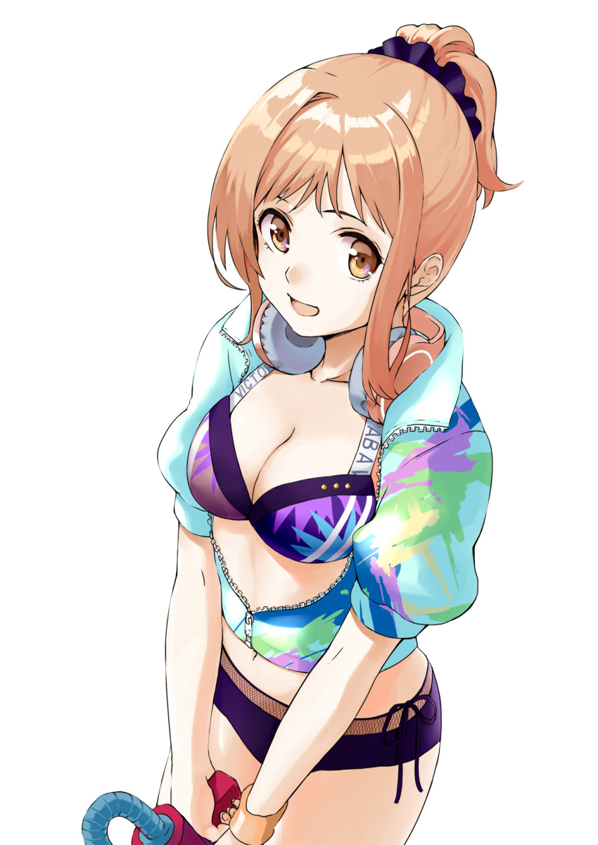 1girl bikini bikini_top breasts brown_eyes brown_hair cleavage collarbone hair_ornament hair_scrunchie headphones highres idolmaster idolmaster_shiny_colors jacket medium_breasts mizuki_(mizuki_ame) open_clothes open_jacket open_mouth ponytail ribbon sakuragi_mano scrunchie simple_background swimsuit water_gun white_background wristband