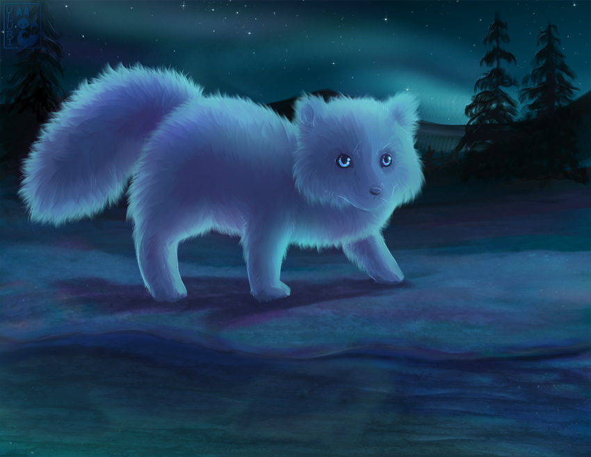 ambiguous_gender arctic_fox aurora_borealis blue_eyes canid canine feral fox fur mammal night outside sky snow solo star starry_sky uluri white_body white_fur