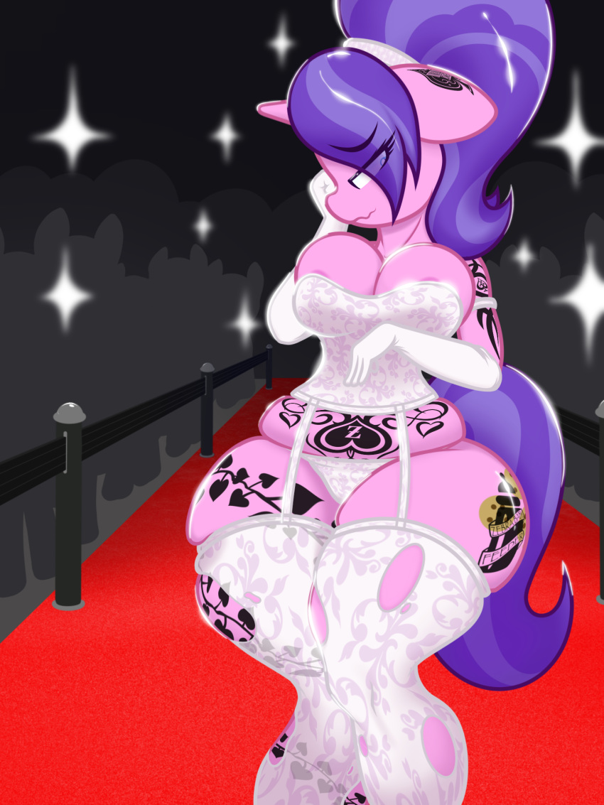 anthro anthrofied big_breasts breasts cleavage clothed clothing cookie_crumbles_(mlp) equid equine female friendship_is_magic garter_straps hasbro hi_res horn lefthighkick lingerie mammal mature_anthro mature_female my_little_pony public thick_thighs unicorn