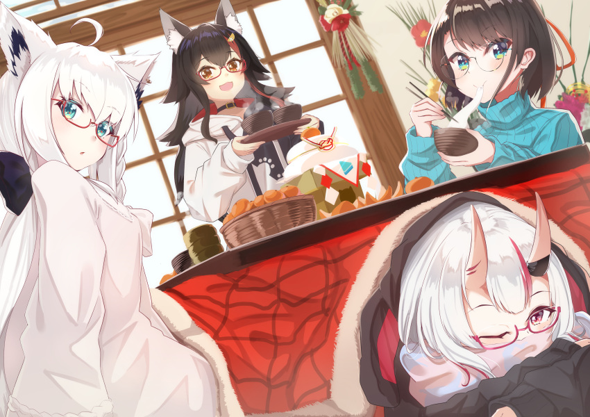 4girls absurdres animal_ear_fluff animal_ears bangs black_hair borumete bow bowl braid brown_hair chopsticks commentary_request cup eating eyebrows_visible_through_hair fams_(group) fox_ears fox_girl glasses green_eyes green_sweater hair_between_eyes hair_bow highres holding holding_bowl holding_chopsticks holding_plate hololive hood hoodie horns huge_filesize indoors kotatsu long_hair looking_at_viewer lying multicolored_hair multiple_girls nakiri_ayame on_stomach oni_horns ookami_mio oozora_subaru paw_print plate red_eyes red_hair shirakami_fubuki shirt short_hair sidelocks single_braid sweater table two-tone_hair under_kotatsu under_table virtual_youtuber white_hair white_hoodie white_shirt wolf_ears wolf_girl yellow_eyes yunomi