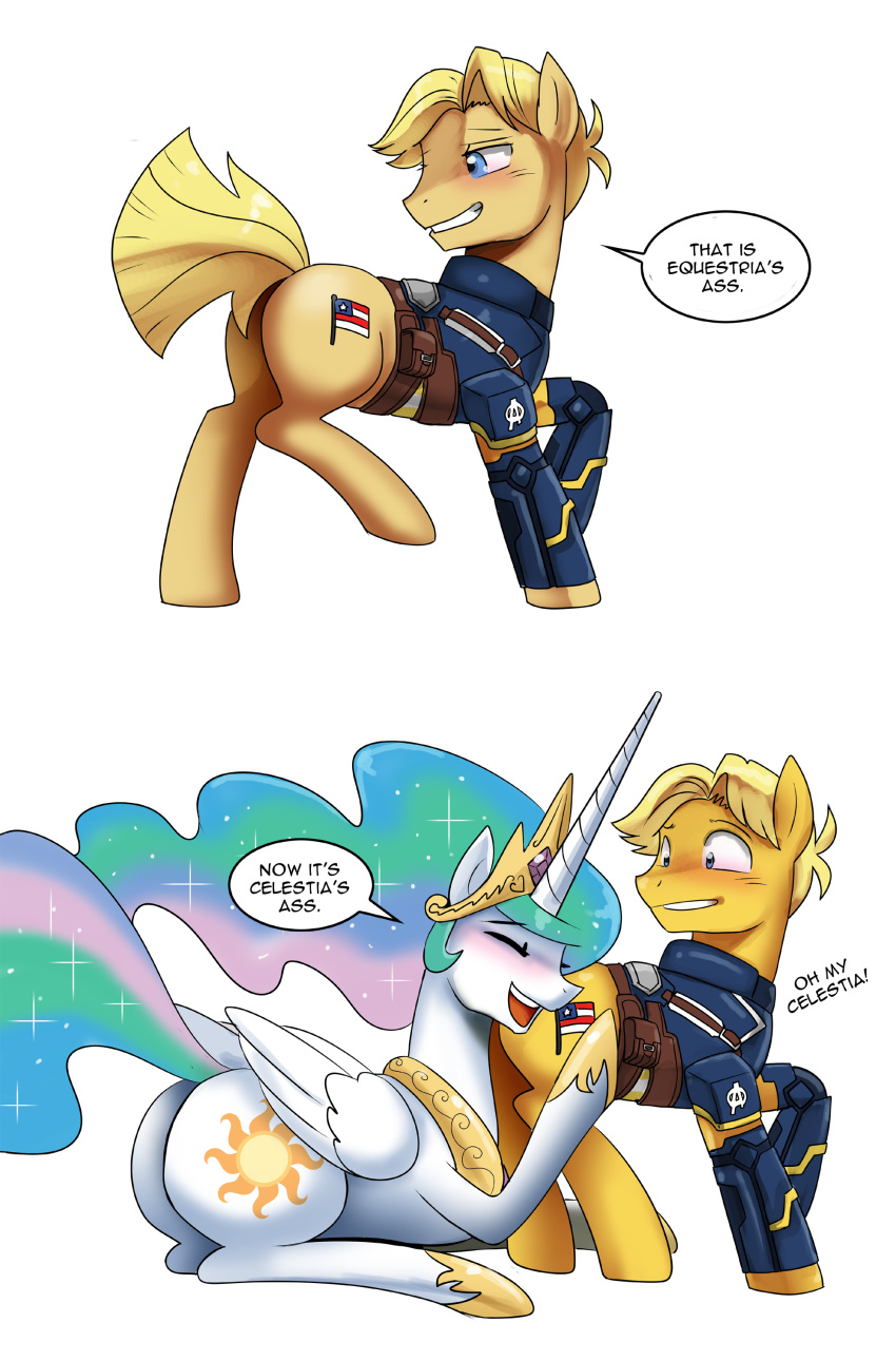 absurd_res armor belt blonde_hair blue_eyes blush butt captain_america crown dialogue duo english_text equid equine fan_character female friendship_is_magic hair hasbro hi_res horn horse hug jewelry john_joseco male mammal marvel multiple_images my_little_pony necklace pony princess_celestia_(mlp) princess_molestia text tiara winged_unicorn wings