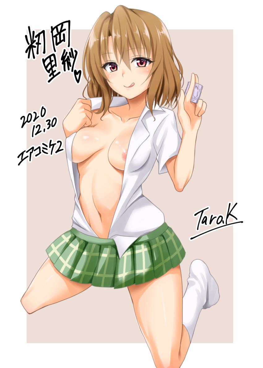 1girl :q areolae blush breasts brown_hair collared_shirt condom covered_nipples curly_hair full_body green_skirt hair_between_eyes hands_up highres holding holding_condom kasukabe_tarou kneeling looking_at_viewer medium_breasts medium_hair midriff miniskirt momioka_risa naughty_face navel no_bra no_shoes open_clothes open_shirt plaid plaid_skirt pleated_skirt red_eyes school_uniform self_exposure shirt skirt smile solo to_love-ru tongue tongue_out white_legwear white_shirt