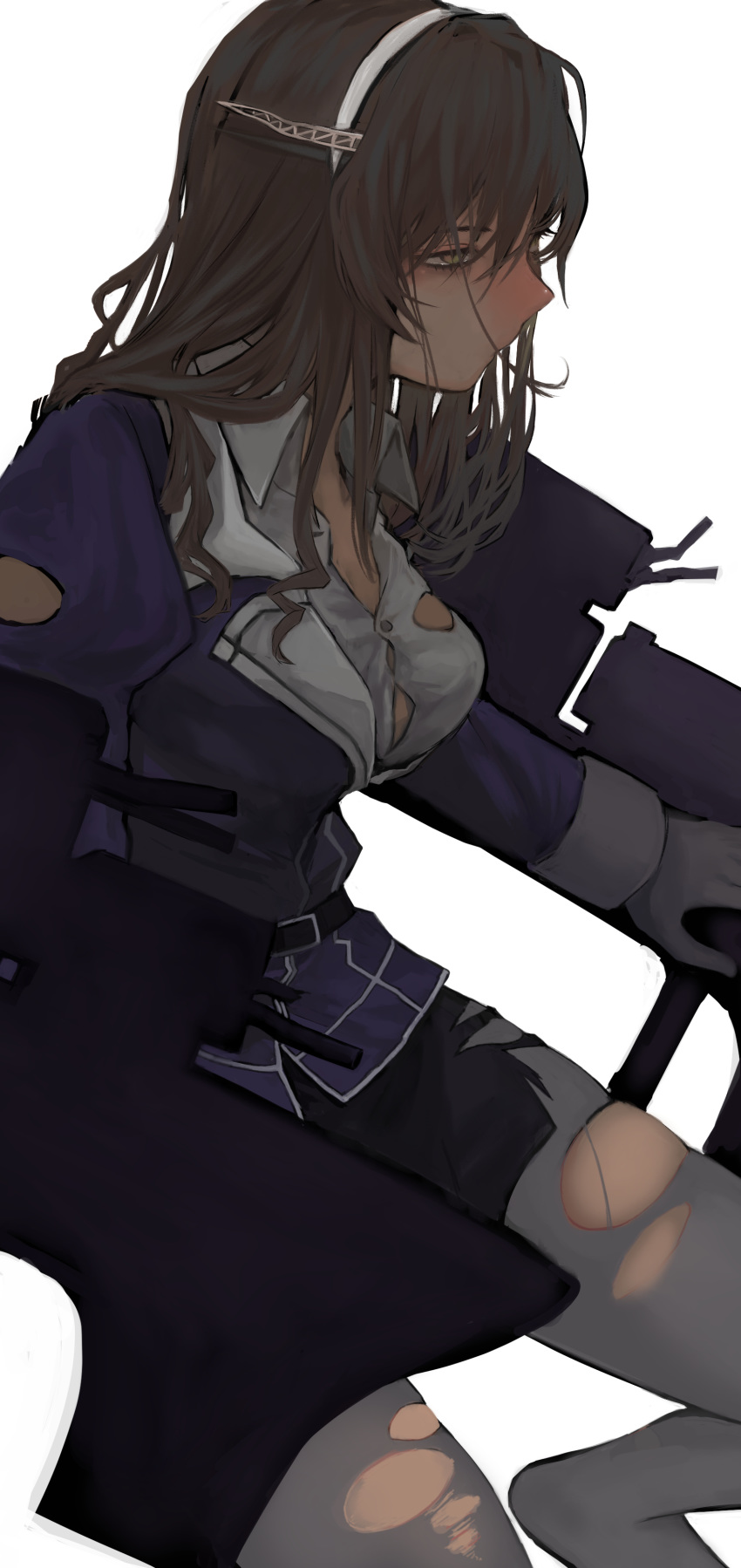 1girl absurdres ashigara_(kantai_collection) brown_eyes brown_hair commentary_request cowboy_shot elbow_gloves gloves grey_legwear hagioshi hairband highres kantai_collection long_hair machinery military military_uniform pantyhose remodel_(kantai_collection) simple_background solo torn_clothes torn_legwear uniform wavy_hair white_background white_gloves