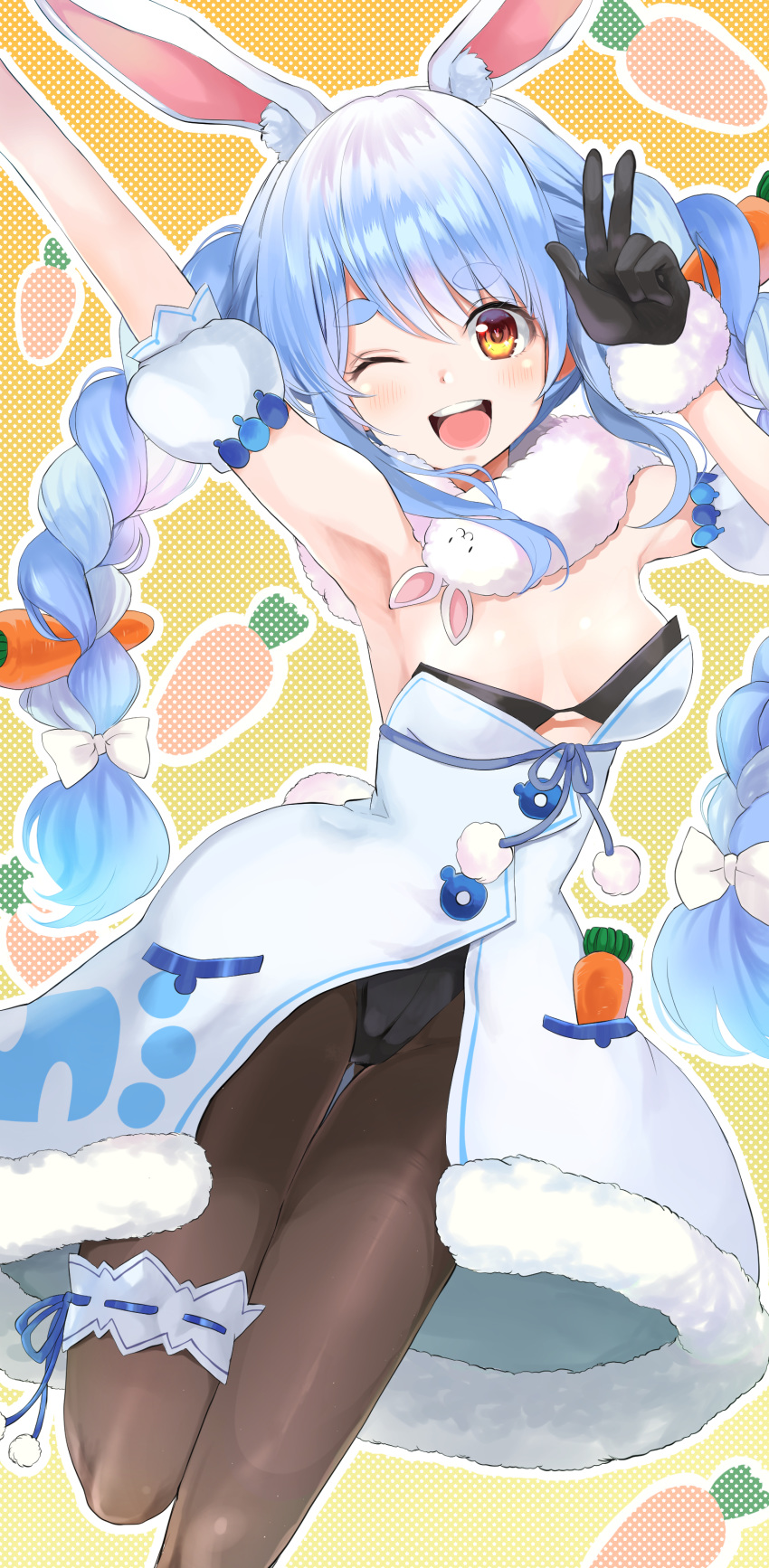 1girl ;d absurdres animal_ear_fluff animal_ears arm_above_head armpits bangs black_gloves black_legwear black_leotard blue_hair blue_ribbon blush bow bra braid breasts brown_legwear bunny_ears bunny_tail carrot carrot_hair_ornament cleavage commentary_request detached_sleeves don-chan_(usada_pekora) dress eyebrows_visible_through_hair food_themed_background food_themed_hair_ornament foot_out_of_frame fur_trim gloves hair_bow hair_ornament hand_up highres hololive leg_garter leotard long_hair looking_at_viewer multicolored_hair one_eye_closed open_mouth orange_eyes outline pantyhose polka_dot polka_dot_background pom_pom_(clothes) puffy_short_sleeves puffy_sleeves ribbon short_sleeves sidelocks silver_hair simple_background small_breasts smile solo sono_mata tail thick_eyebrows twin_braids twintails two-tone_hair underwear upper_teeth usada_pekora v very_long_hair virtual_youtuber white_bow white_dress white_outline yellow_background