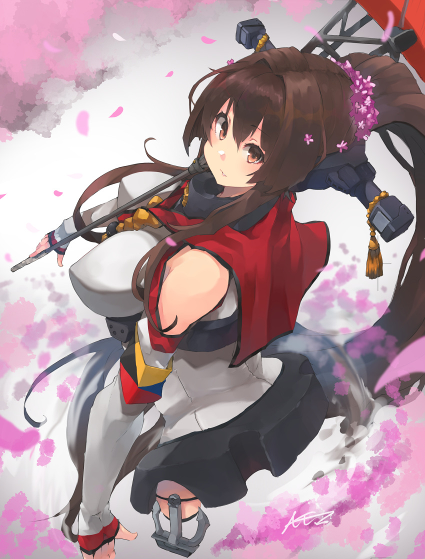 1girl breasts brown_eyes brown_hair cherry_blossoms cropped_torso detached_sleeves flower from_behind hair_flower hair_ornament headgear highres kantai_collection large_breasts long_hair looking_at_viewer ponytail red_sailor_collar red_umbrella sailor_collar solo sunday_aki umbrella upper_body yamato_(kantai_collection)