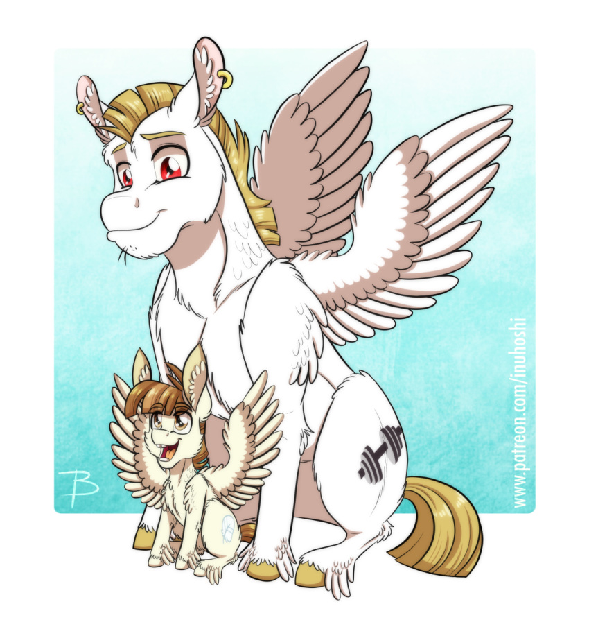 alpha_channel blonde_hair brown_eyes brown_hair bulk_biceps_(mlp) cutie_mark duo ear_piercing equid equine featherweight_(mlp) friendship_is_magic hair hasbro hi_res inuhoshi-to-darkpen male mammal my_little_pony pegasus piercing red_eyes size_difference wings