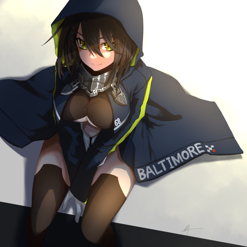 1girl ahoge azur_lane baltimore_(azur_lane) bangs between_legs black_legwear blue_coat braid breasts brown_hair center_opening character_name clothing_cutout coat commentary cowboy_shot eyebrows_visible_through_hair french_braid from_above gloves hair_between_eyes hand_between_legs highres hood hood_up hooded_coat large_breasts long_sleeves looking_at_viewer multicolored_coat navel_cutout nmz_(namazu) number pelvic_curtain shadow short_hair sidelocks signature sitting smile solo taut_clothes thighhighs underboob underboob_cutout visor_(armor) white_gloves yellow_eyes