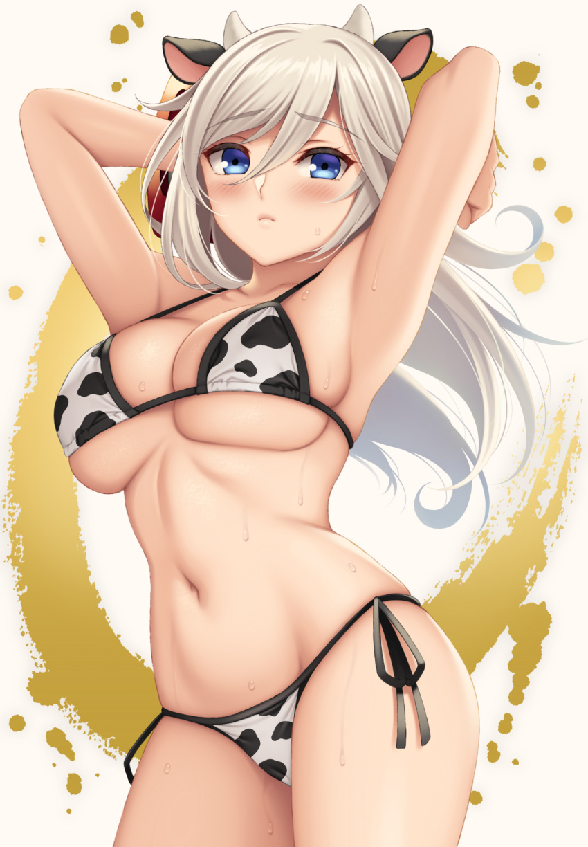 1girl alisa_ilinichina_amiella animal_ears animal_print armpits arms_behind_head arms_up bangs bare_shoulders bikini black_ribbon blue_eyes blush breasts chinese_zodiac closed_mouth collarbone cow_ears cow_horns cow_print cowboy_shot eyebrows_visible_through_hair frown god_eater hair_between_eyes highres horns large_breasts long_hair navel print_bikini ribbon side-tie_bikini silver_hair skindentation solo stomach sweat swimsuit two-tone_background underboob watanuki_kaname year_of_the_ox