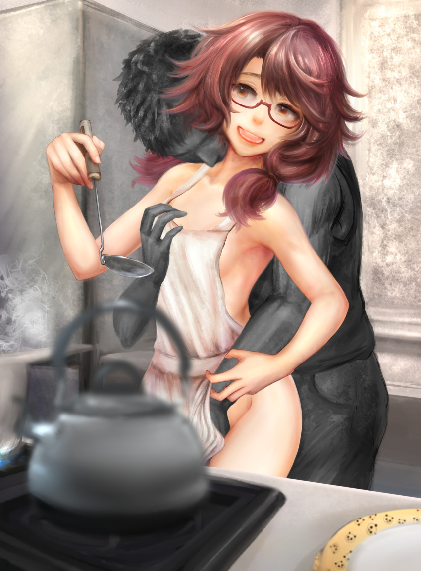 1girl apron bangs blurry breast_grab breasts brown_eyes brown_hair commentary_request commission cowboy_shot depth_of_field faceless faceless_male glasses grabbing groping highres holding_hands indoors kettle khn_(kihana) kitchen ladle looking_to_the_side low_twintails medium_hair naked_apron open_mouth plate red-framed_eyewear reward_available semi-rimless_eyewear short_hair shorts sideboob skeb_commission small_breasts standing stove tank_top touhou twintails under-rim_eyewear usami_sumireko white_apron