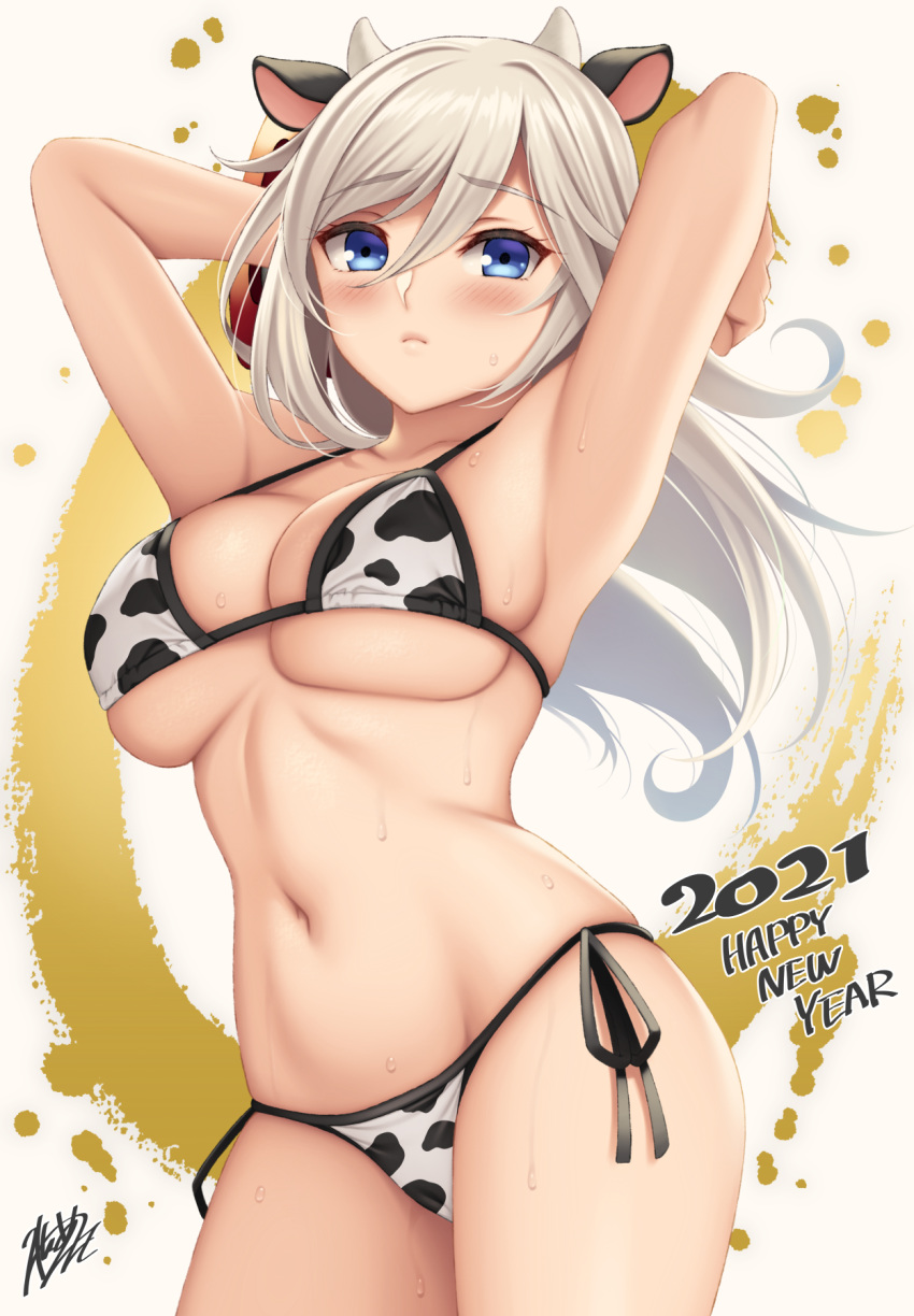 1girl 2021 alisa_ilinichina_amiella animal_ears animal_print armpits arms_behind_head arms_up bangs bare_shoulders bikini black_ribbon blue_eyes blush breasts chinese_zodiac closed_mouth collarbone cow_ears cow_horns cow_print cowboy_shot eyebrows_visible_through_hair frown god_eater hair_between_eyes happy_new_year highres horns large_breasts long_hair navel new_year print_bikini ribbon side-tie_bikini silver_hair skindentation solo stomach sweat swimsuit two-tone_background underboob watanuki_kaname year_of_the_ox