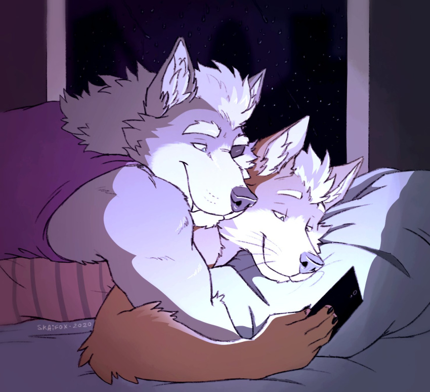2021 anthro bed canid canine canis cellphone clothed clothing cuddling duo eye_patch eyewear fox fox_mccloud furniture hi_res inside looking_at_object looking_at_phone lying male male/male mammal night nintendo on_bed on_front on_top phone pillow raining romantic_couple shirt skaifox smartphone smile star_fox tank_top topwear video_games water window wolf wolf_o'donnell