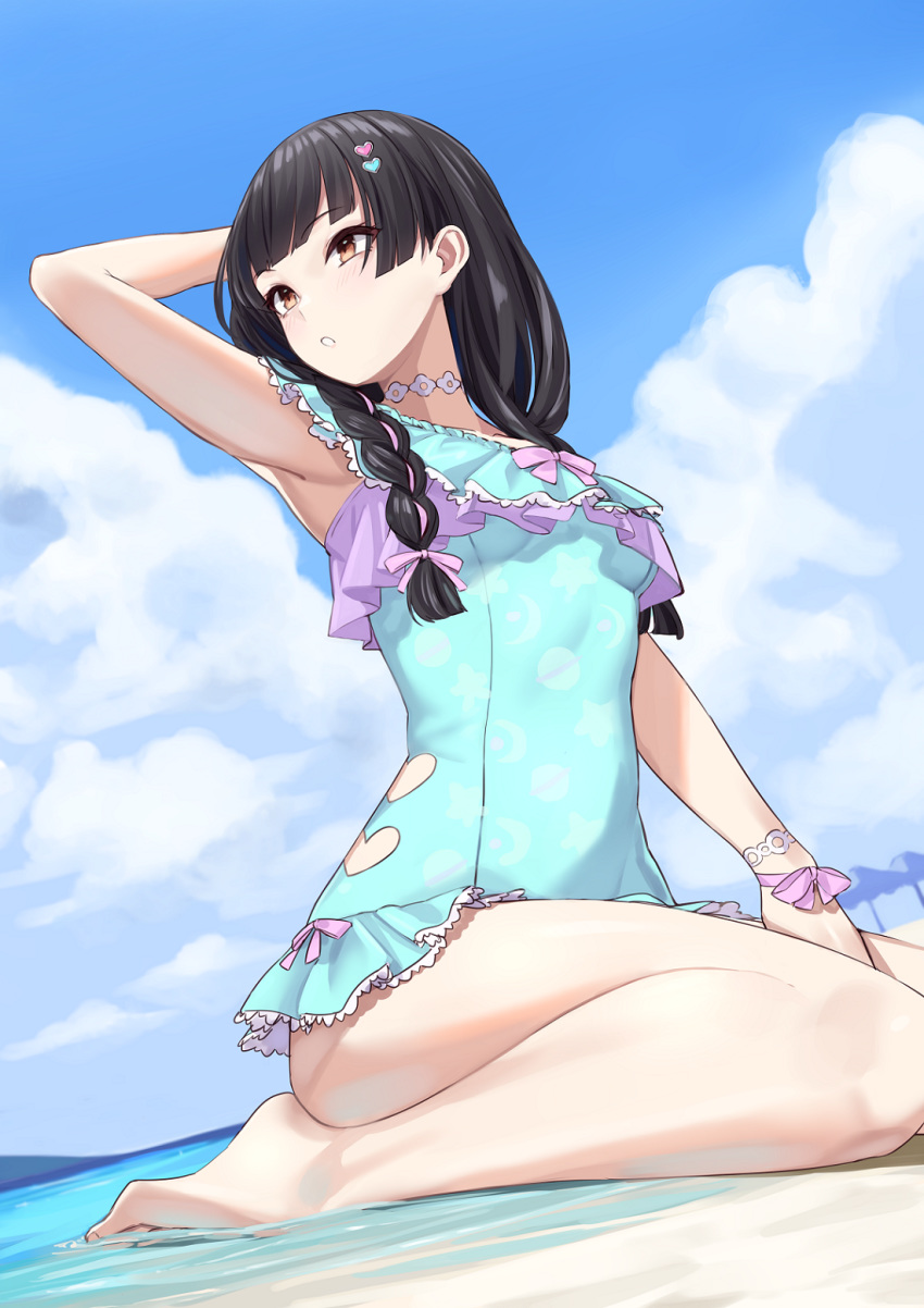 1girl arm_up armpits bare_legs barefoot beach between_legs black_hair blue_sky blue_swimsuit blush braid breasts brown_eyes clothing_cutout cloud cloudy_sky crescent_print day eyebrows_visible_through_hair frilled_swimsuit frills hair_ornament hand_between_legs heart heart_cutout heart_hair_ornament highres idolmaster idolmaster_shiny_colors long_hair mayuzumi_fuyuko medium_breasts michitaro_smile ocean one-piece_swimsuit outdoors ribbon seiza side_braids sitting sky solo swimsuit thighs twin_braids wrist_ribbon