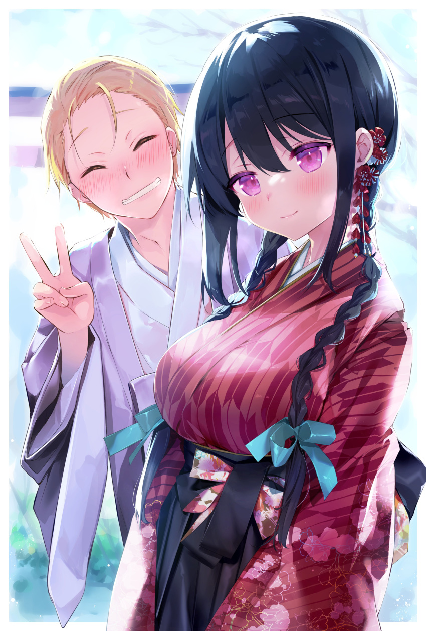 1boy 1girl absurdres black_hair blonde_hair blush braid closed_eyes collarbone commentary eyebrows_visible_through_hair floral_print forehead furisode hair_ornament hair_ribbon highres japanese_clothes kimono kurimochi_chizuru looking_at_viewer new_year original purple_eyes red_kimono ribbon sunlight torii tree twin_braids v wide_sleeves