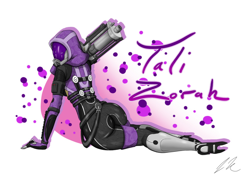 1girl alien ass bodysuit character_name english_commentary gun highres holding holding_gun holding_weapon hood looking_at_viewer looking_back lying mass_effect on_side pinup_(style) quarian shotgun solo tali'zorah upshdragoon weapon white_eyes wide_hips