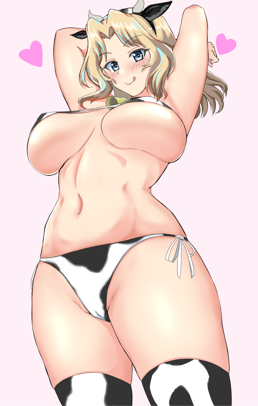 1girl 20100813 :q absurdres animal_ears animal_print arms_behind_head arms_up bell bell_choker bikini blonde_hair blue_eyes blush breasts cameltoe chinese_zodiac choker cow_ears cow_horns cow_print fake_animal_ears fake_horns girls_und_panzer groin hair_intakes heart highres horns kay_(girls_und_panzer) large_breasts long_hair looking_at_viewer navel print_bikini print_legwear purple_background side-tie_bikini skindentation solo standing swimsuit thighhighs tongue tongue_out underboob white_bikini white_legwear year_of_the_ox