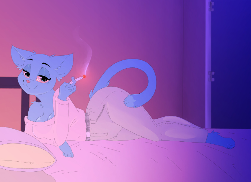 2020 absurd_res anthro bed blue_body blue_fur bottomwear breasts cartoon_network cleavage clothed clothing domestic_cat drugs felid feline felis female full-length_portrait fully_clothed fur furniture half-closed_eyes happy hi_res looking_at_viewer lying mammal marijuana narrowed_eyes nicole_watterson off_shoulder on_bed on_side pants portrait shirt smile smoking solo the_amazing_world_of_gumball topwear unfinishedheckery