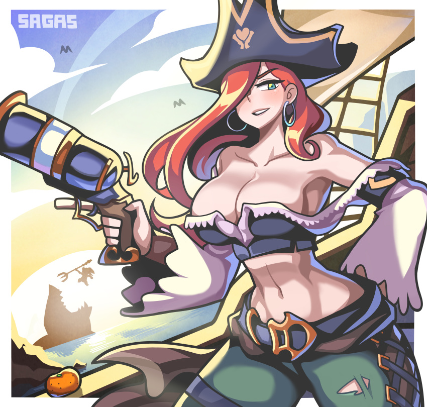 1girl absurdres artist_name bare_shoulders breasts cleavage cowboy_shot earrings green_eyes green_pants gun hair_over_one_eye hat highres holding holding_gun holding_weapon hoop_earrings jewelry large_breasts league_of_legends long_sleeves midriff navel pants parted_lips pirate pirate_hat red_hair sagas293 sarah_fortune smile solo weapon