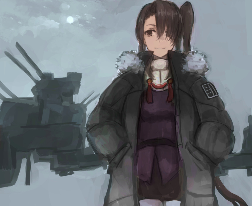 1girl absurdres bangs black_coat black_eyes black_hair black_skirt coat fur-trimmed_coat fur_trim grey_background hair_over_one_eye hands_in_pockets highres kantai_collection long_hair long_sleeves moor nachi_(kantai_collection) pantyhose pencil_skirt ponytail remodel_(kantai_collection) rigging side_ponytail sidelocks simple_background skirt smile solo white_legwear