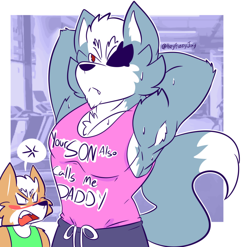 1:1 anthro bodily_fluids canid canine canis clothed clothing digital_media_(artwork) duo english_text fizzyjay fox_mccloud gym hi_res humor male mammal nintendo shirt simple_background star_fox sweat tank_top text topwear video_games wolf wolf_o'donnell