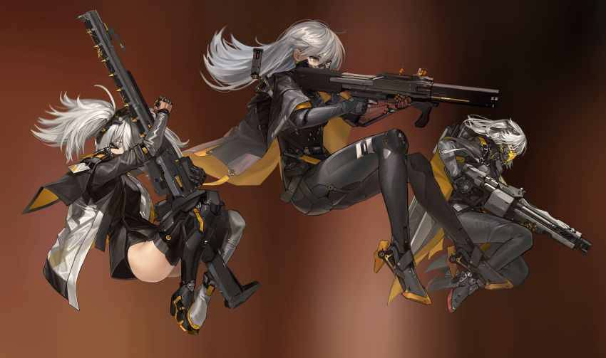 &gt;_&lt; 3girls aiming assault_rifle badge bangs black_gloves bodysuit brown_background cape closed_eyes cyborg ear_piercing earrings from_side full_body gloves grey_bodysuit grey_cape grey_footwear grey_gloves gun hair_between_eyes hair_ornament highres holding holding_gun holding_weapon jewelry long_hair long_sleeves looking_away mask mechanical mechanical_arm mechanical_arms messy_hair mouth_mask multiple_girls orange_eyes original piercing pouch qiongsheng rifle silver_hair simple_background sniper_rifle strap thighhighs twintails two-tone_cape weapon yellow_cape yellow_eyes