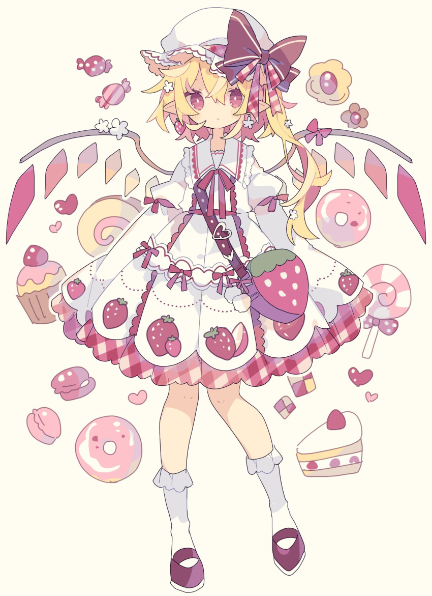 1girl adapted_costume bag beige_background blonde_hair blush bobby_socks bow bright_pupils cake candy checkerboard_cookie commentary cookie crystal cupcake dress earrings flandre_scarlet flower_earrings food food_print food_themed_earrings full_body hat hat_bow highres jam_cookie jewelry lollipop long_hair long_sleeves looking_at_viewer macaron mob_cap neck_ribbon nikorashi-ka pointy_ears red_bow red_eyes red_footwear red_neckwear ribbon shoes shoulder_bag side_ponytail simple_background socks solo strawberry_bag strawberry_earrings strawberry_print strawberry_shortcake sweets swirl_lollipop swiss_roll touhou white_dress white_headwear white_legwear wide_sleeves wing_bow wings wrapped_candy