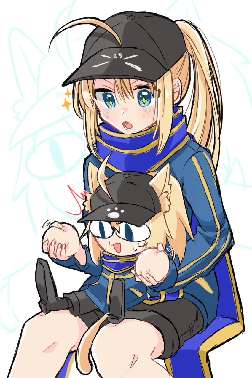 +_+ 2girls ahoge animal_ear_fluff animal_ears artoria_pendragon_(all) baseball_cap black_footwear black_headwear black_shorts blue_eyes blue_scarf boots cat_ears cat_tail fate/grand_carnival fate_(series) hat highres invisible_chair jacket kokumosu multiple_girls mysterious_heroine_x mysterious_neko_x projected_inset rojiura_satsuki:_chapter_heroine_sanctuary scarf shorts sidelocks simple_background sitting sitting_on_lap sitting_on_person slit_pupils sparkle sweatdrop tail track_jacket white_background