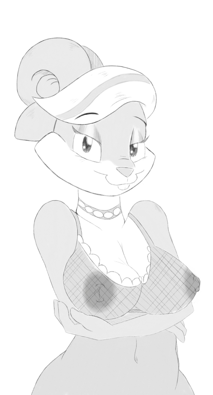 2020 animal_humanoid anthro breasts clothed clothing digital_media_(artwork) donnydoggo female hair hi_res humanoid lagomorph leporid long_ears looking_at_viewer mammal mature_female monochrome nipples nude patricia_bunny rabbit simple_background smile solo teeth the_looney_tunes_show translucent translucent_clothing warner_brothers