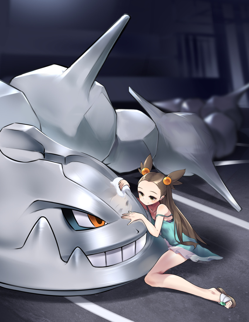 1girl absurdres aqua_dress brown_eyes brown_hair dress gen_2_pokemon gym_leader hair_ornament highres jasmine_(pokemon) looking_at_another pokemon pokemon_(creature) pokemon_(game) pokemon_gsc reflection sandals sleeveless smile steelix tm_(hanamakisan) wiping