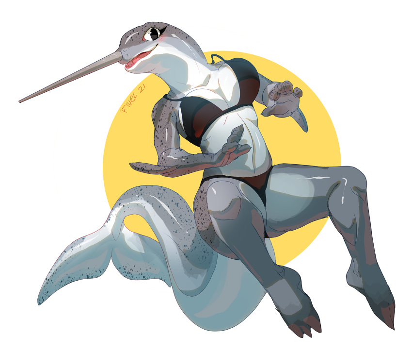 anthro bikini biped cetacean clothing delphinoid female fin fings fivel grey_body grey_skin hi_res horn mammal marine monodontid narwhal nose_horn simple_background solo swimwear tail_fin toothed_whale