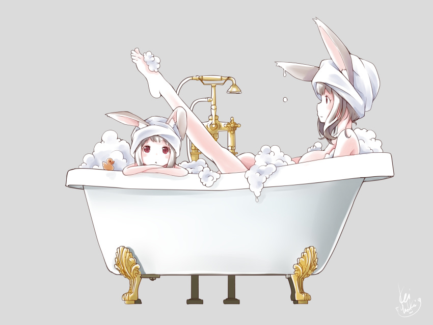 2girls animal_ears bangs bath bathing breasts bunny_ears commentary grey_background grey_hair highres large_breasts looking_at_viewer multiple_girls nude original profile red_eyes rubber_duck shared_bathing short_hair soap_bubbles towel towel_on_head yuzuki_kei