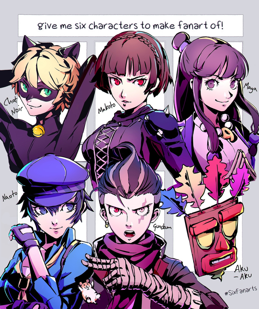 2boys 3girls aku_aku animal_ears arms_behind_head ayasato_mayoi bandaged_arm bandaged_hand bandages bangs blonde_hair blue_eyes blue_hair blue_headwear blue_shirt braid breasts brown_eyes brown_hair cat_ears character_name chat_noir collared_shirt commentary crash_bandicoot cropped_torso crossover danganronpa_(series) danganronpa_2:_goodbye_despair datcravat english_commentary english_text fake_animal_ears french_braid green_eyes gyakuten_saiban hair_between_eyes hat heterochromia highres long_hair long_sleeves looking_at_viewer mask miraculous_ladybug multiple_boys multiple_crossover multiple_girls niijima_makoto open_mouth parted_lips persona persona_4 persona_4:_dancing_all_night persona_5 persona_dancing pink_eyes purple_hair red_eyes scarf shirogane_naoto shirt short_hair six_fanarts_challenge spikes tanaka_gandamu upper_body