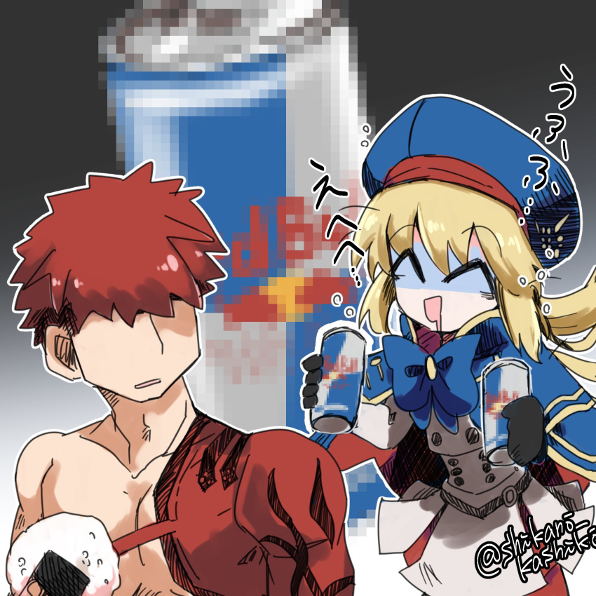 1boy 1girl ^q^ artoria_pendragon_(all) artoria_pendragon_(caster) blonde_hair censored emiya_shirou faceless fate/grand_order fate_(series) food gloom_(expression) hat highres igote limited/zero_over looking_at_another mosaic_censoring onigiri pantyhose red_bull red_hair ribbon saliva sengo_muramasa_(fate) shikano_kashiko smile twitter_username upper_body